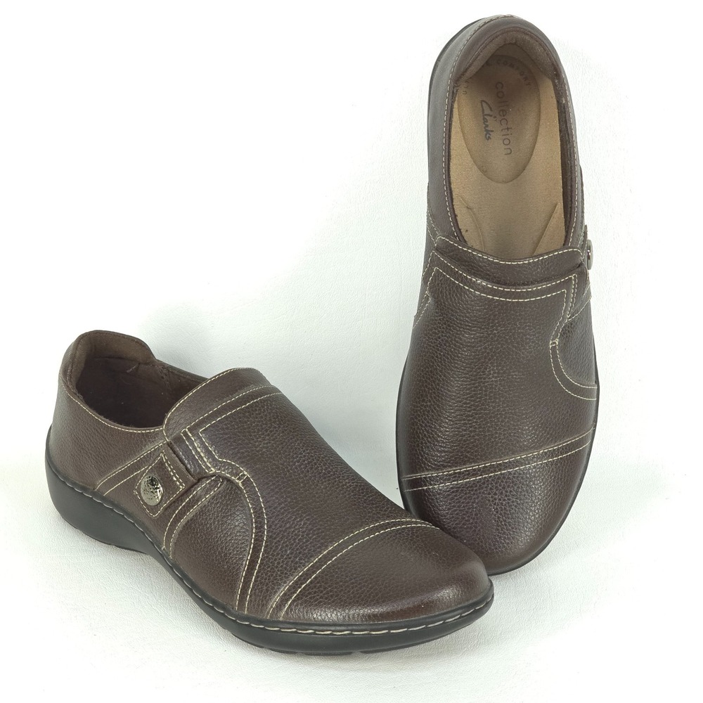 Clarks Collection Cora Poppy Leather Slip-On Shoes 8W Dark Brown Tumbled Comfort